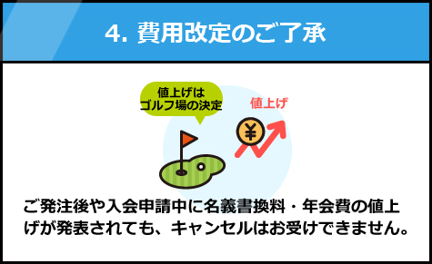 4.費用改定のご了承:ご発注後や入会申請中に名義書換料・年会費の値上げが発表されても、キャンセルはお受けできません。