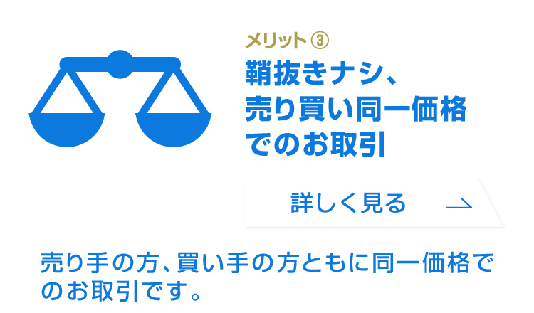 メリット3：鞘抜きナシ、売り買い同一価格／売り手の方、買い手の方ともに同一価格でのお取引です。