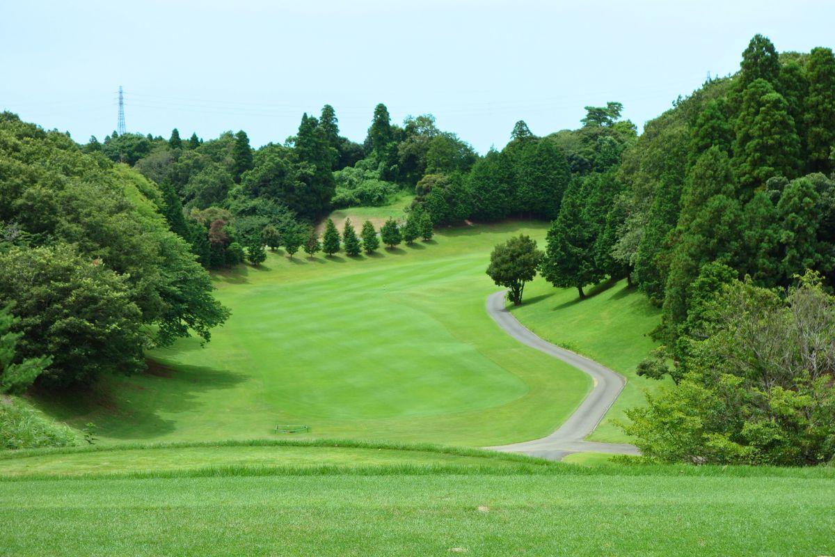 フェアウェイが広い打ち下ろしの14番右ドッグレッグホール