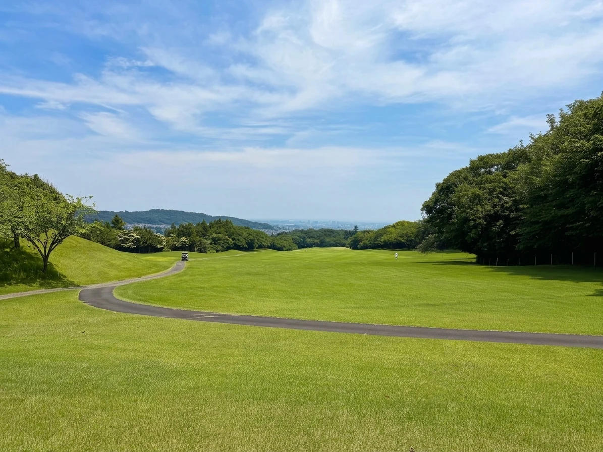 東1番ホール（551Y・Par5）厚木市街を見下ろすティーショット方向