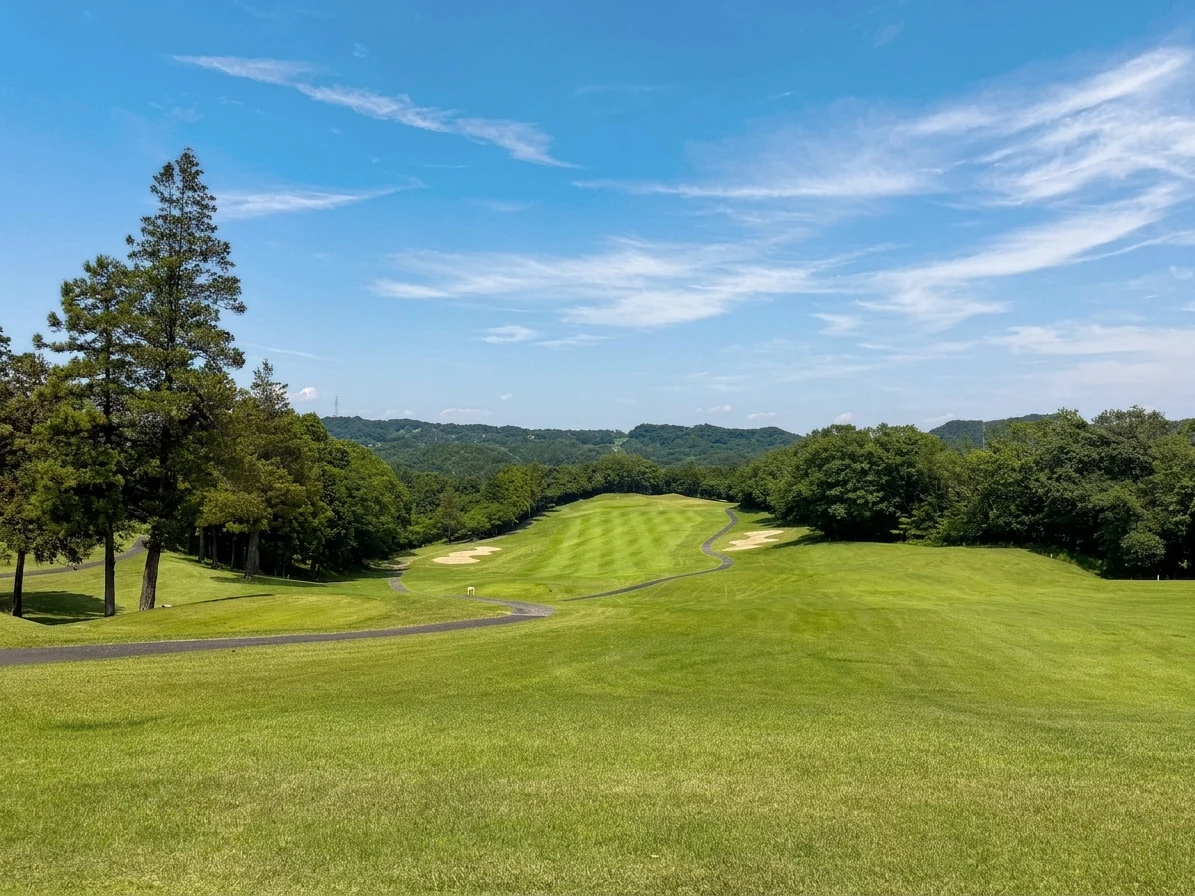 東2番ホール（355Y・Par4）打ち下ろしのティーショット方向