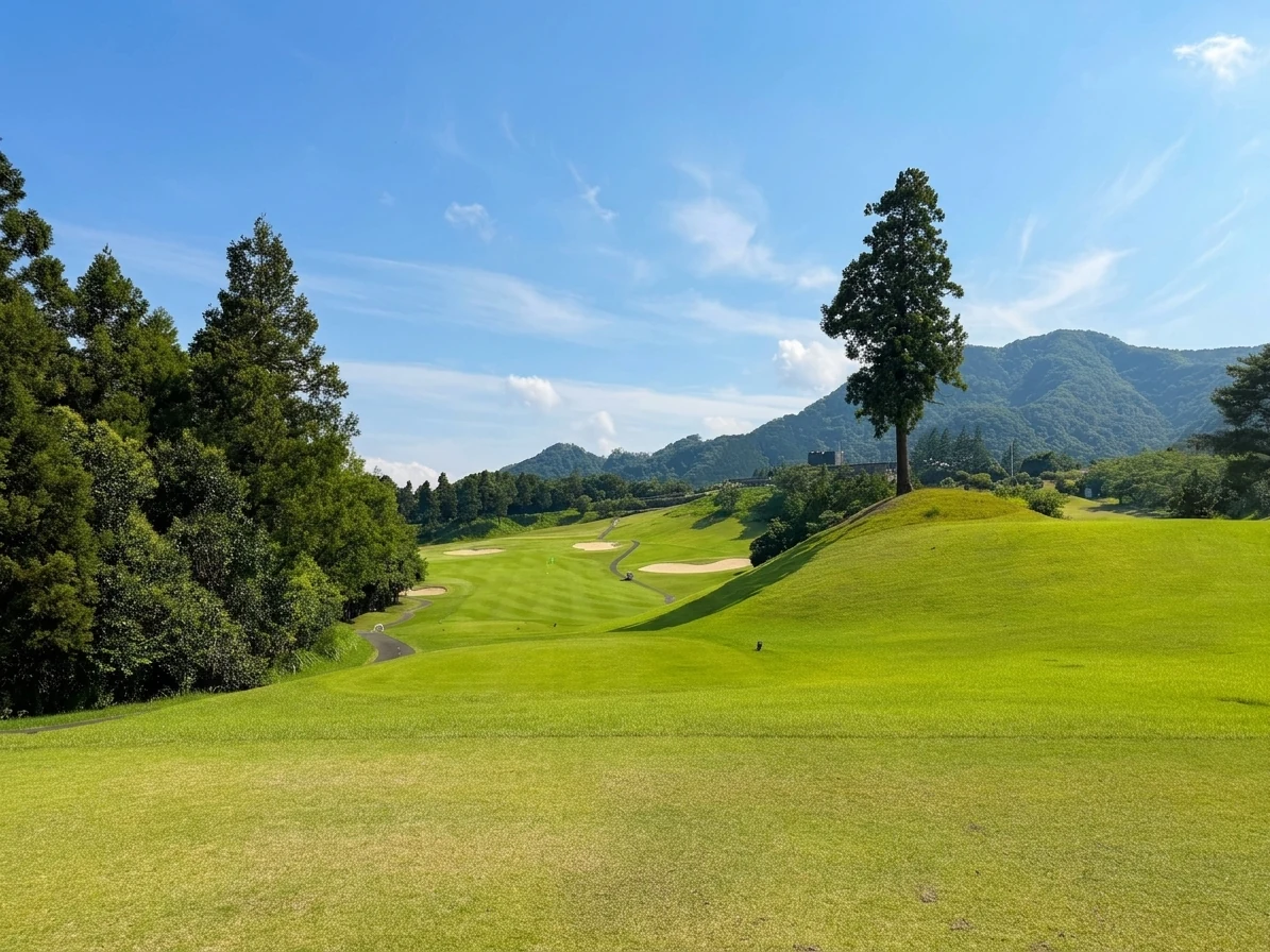 東9番ホール（351Y・Par4）打ち下ろしのティーショット方向