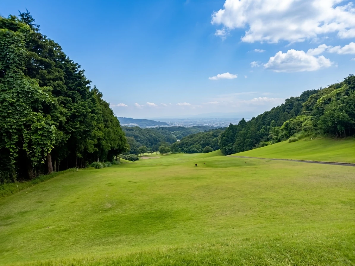 南3番ホール（363Y・Par4）打ち下ろしの右ドッグレッグのティーショット方向