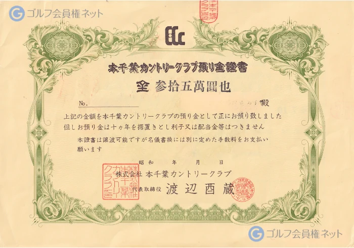 本千葉カントリークラブの会員権証書
